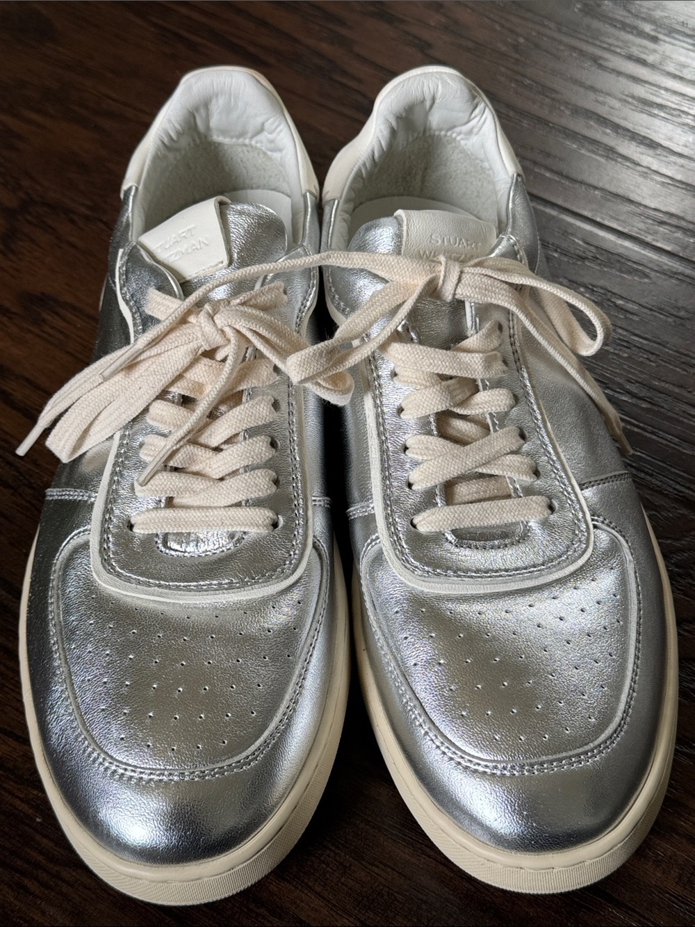 Stuart Weitzman Metallic Silver Low-Top Sneakers with Cream Laces
